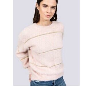 ALLISON NEW YORK Eyelash Sweater Fuzzy Coquette Pink Gold Metallic Stripe Small